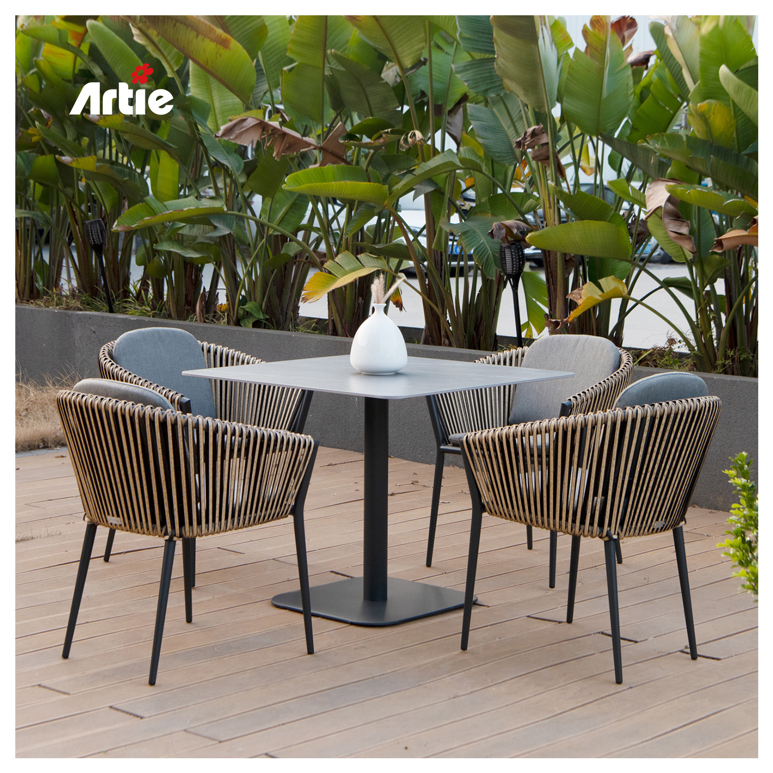 Artie Luxury Style Garden Table Set Aluminum Patio Furniture PE Rattan  Balcony Furniture Outdoor Table And Chairs