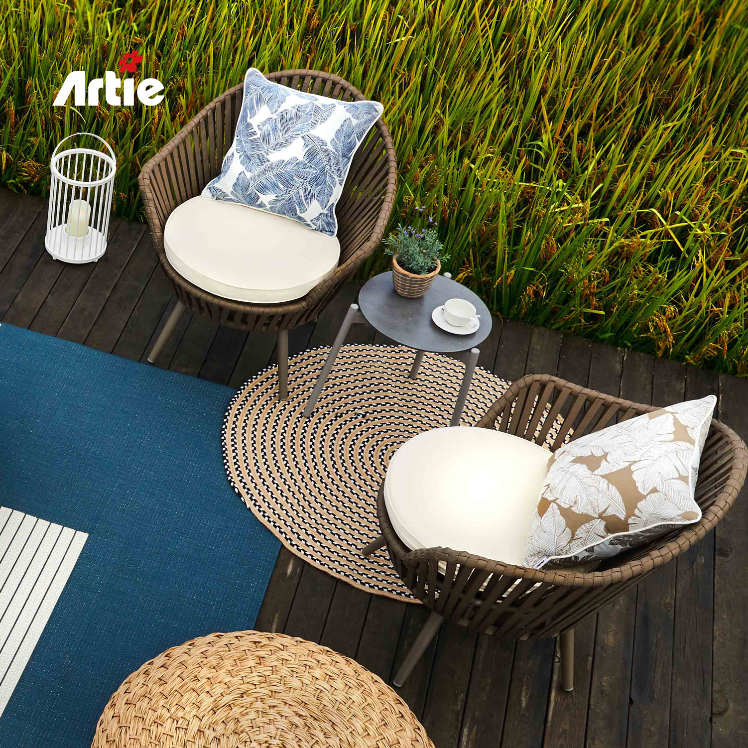 Artie Modern Terrace Furniture Woven Rope Small Balcony Table And Chairs Sets Outdoor Swivel Chair Set