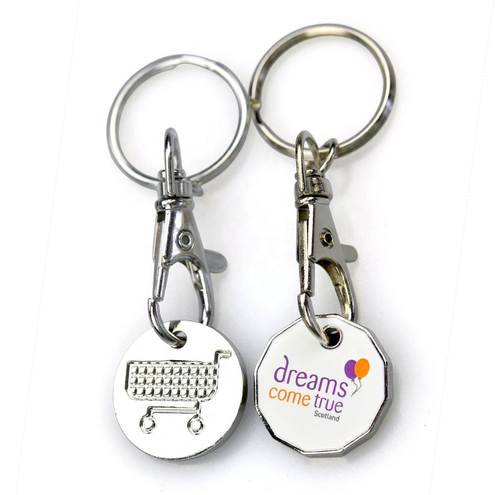 Customized Design 2D Metal Euro Trolley Coin Keychain Supermarket Shopping Cart Locks 2x2 Trolly Token Coin Key Ring