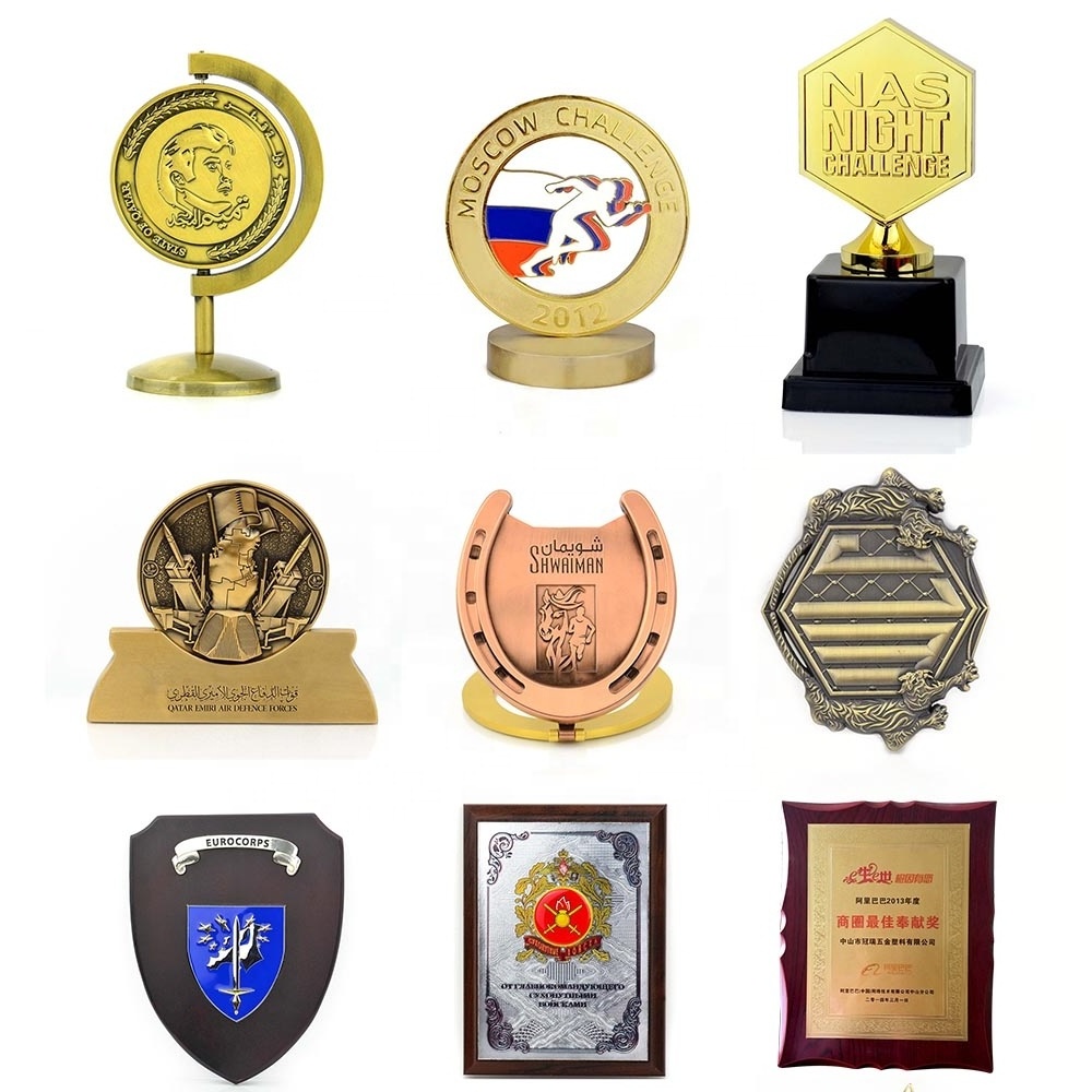 Custom Engraved Craft Metal and Wooden Cup Stand Gold Trophy Plate Embossed Souvenir Award Medal Plaque