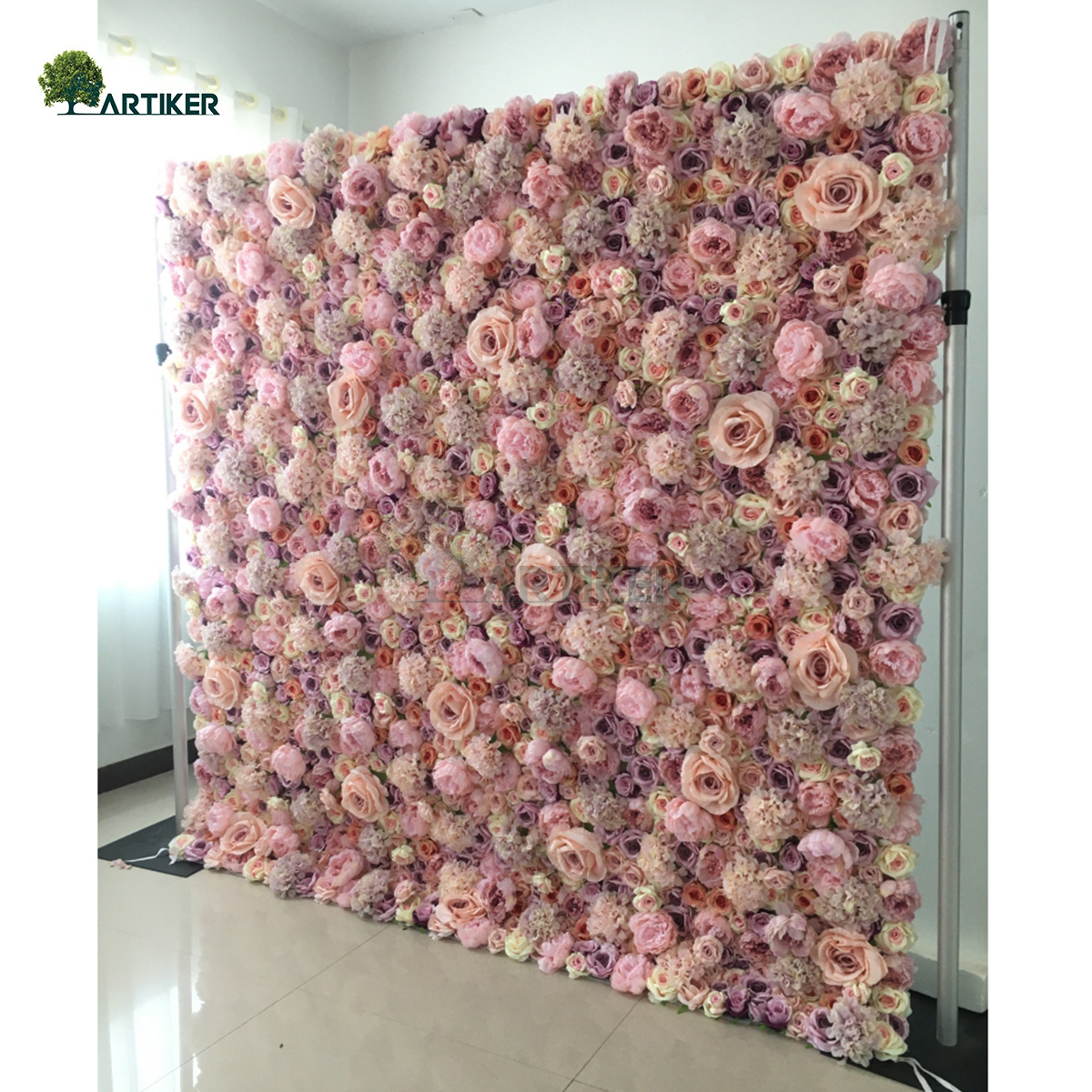 large artificial 240x240 salon peach and pink 3d purple black rose faux grass silk custom hanging panel flower wall wedding