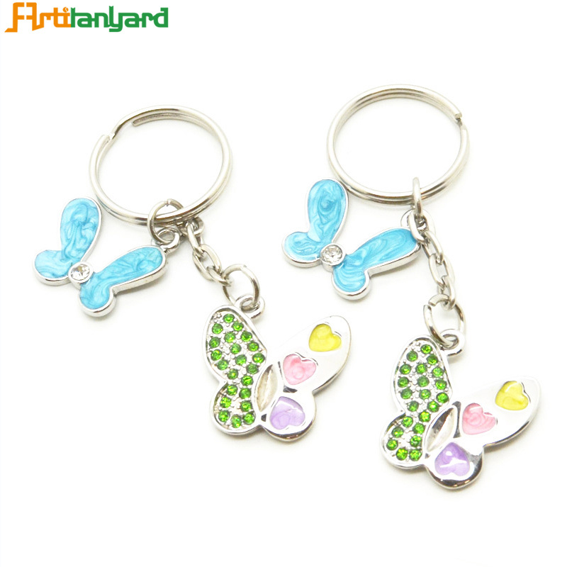 Laser Cut Bling Reflective Keychain Custom Cut Out Charm Rhinestone Butterfly Tourism Souvenir Metal Keychain