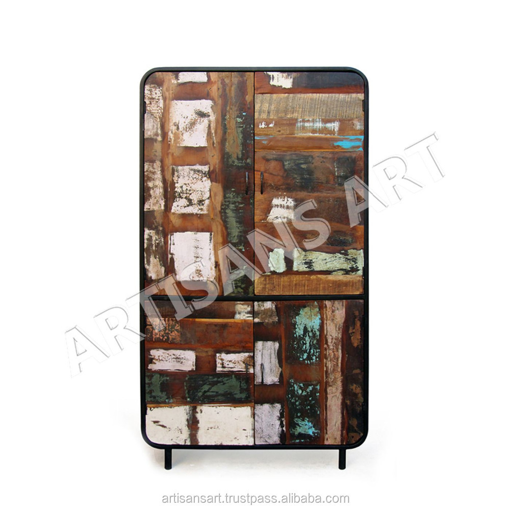 Industrial Reclaimed Wood Metal Armoire Wardrobe Cabinet rustic metal frame Antique Recycle wood Living Room Cabinets