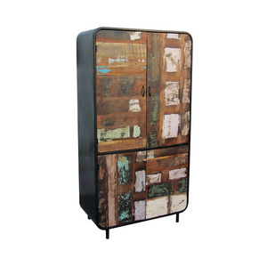 Industrial Reclaimed Wood Metal Armoire Wardrobe Cabinet rustic metal frame Antique Recycle wood Living Room Cabinets