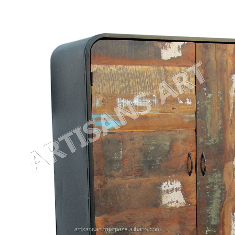 Industrial Reclaimed Wood Metal Armoire Wardrobe Cabinet rustic metal frame Antique Recycle wood Living Room Cabinets