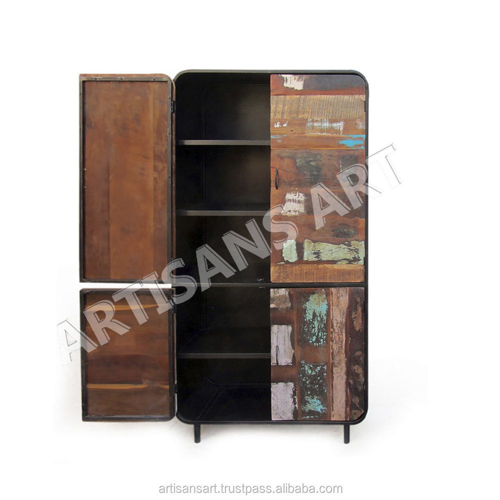 Industrial Reclaimed Wood Metal Armoire Wardrobe Cabinet rustic metal frame Antique Recycle wood Living Room Cabinets