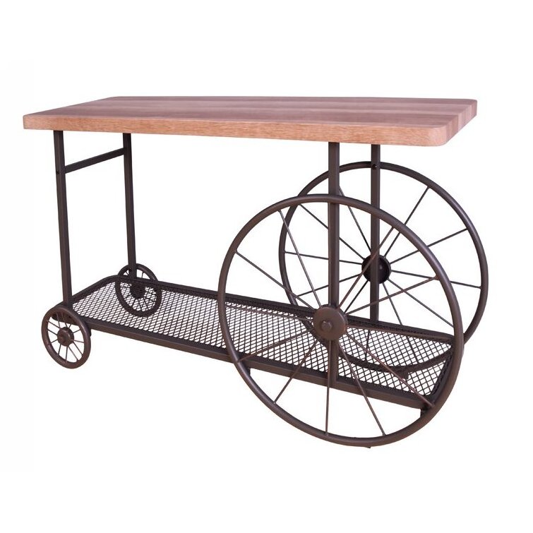 Latest Design Console Table Features A Butcher Block Top And Metal Mesh Lower Shelf Supported By Wheels In The Form Of A Cart