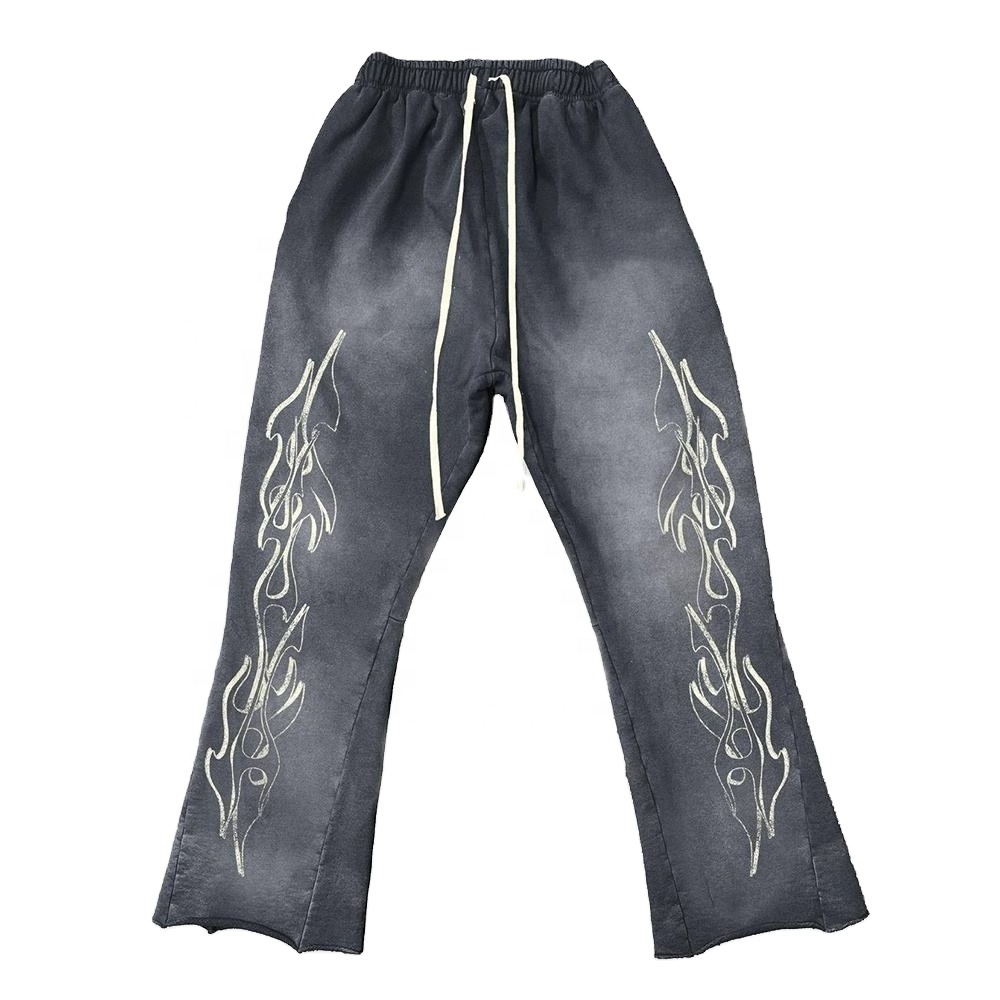 Men Stacked Pants Custom 300 400 gsm 100% Cotton Raw Hem Cut Edge Sun Faded Acid Wash Flare Sweatpants