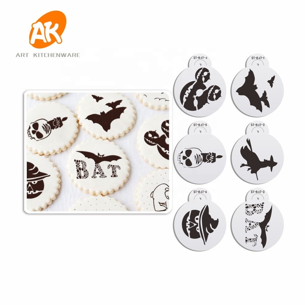 AK 2.76in Halloween Royal Icing Cookie stencils Set Laser Cut Plastic Coffee Art Stencil PET Fondant Cake Stencils ST-847S