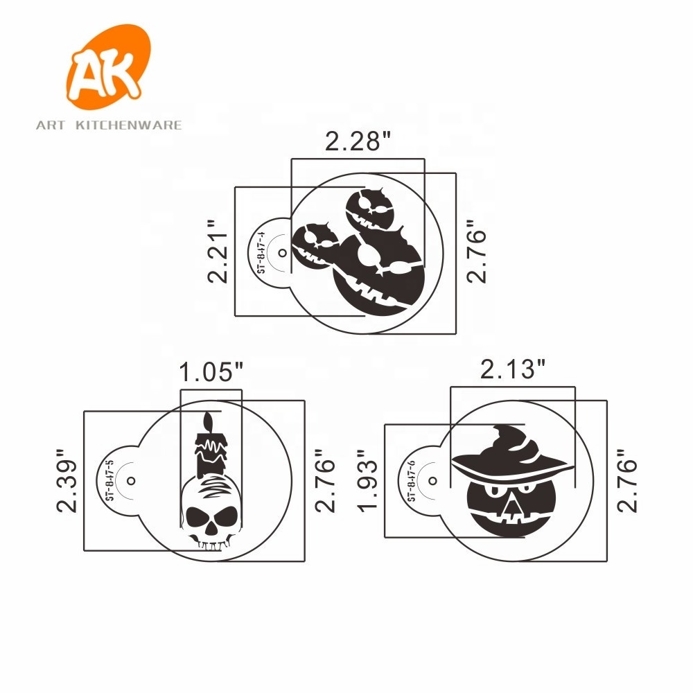 AK 2.76in Halloween Royal Icing Cookie stencils Set Laser Cut Plastic Coffee Art Stencil PET Fondant Cake Stencils ST-847S