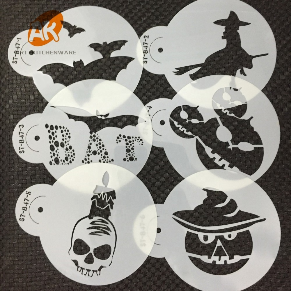 AK 2.76in Halloween Royal Icing Cookie stencils Set Laser Cut Plastic Coffee Art Stencil PET Fondant Cake Stencils ST-847S