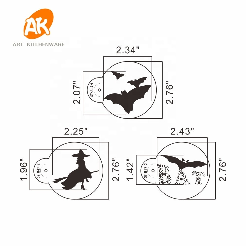 AK 2.76in Halloween Royal Icing Cookie stencils Set Laser Cut Plastic Coffee Art Stencil PET Fondant Cake Stencils ST-847S