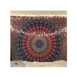 Bohemian Peacock Mandala Wall Hanging Bedding Tapestry Indian Hippie Psychedelic Golden Blue Handmade Art Decorative Modern