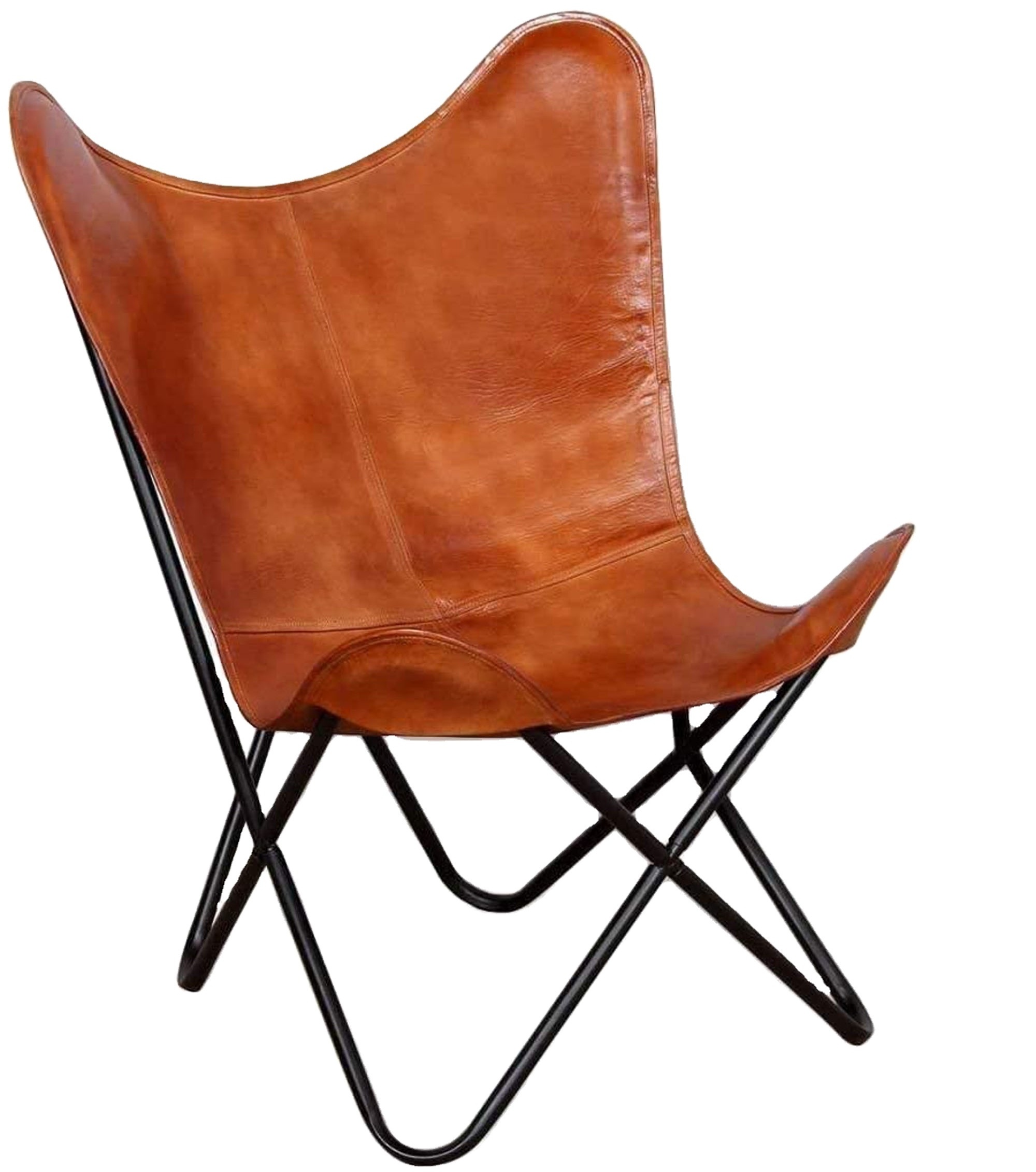 Leather Living Room Butterfly Brown Leather Butterfly Handmade with Powder Coated Folding Iron Frame Chair