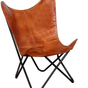 Leather Living Room Butterfly Brown Leather Butterfly Handmade with Powder Coated Folding Iron Frame Chair