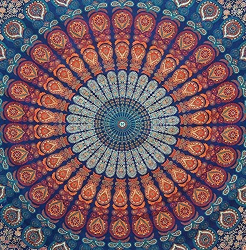 Bohemian Peacock Mandala Wall Hanging Bedding Tapestry Indian Hippie Psychedelic Golden Blue Handmade Art Decorative Modern