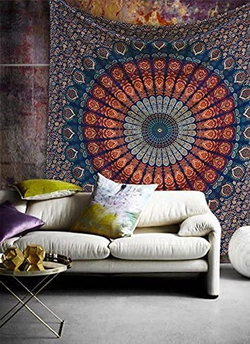 Bohemian Peacock Mandala Wall Hanging Bedding Tapestry Indian Hippie Psychedelic Golden Blue Handmade Art Decorative Modern