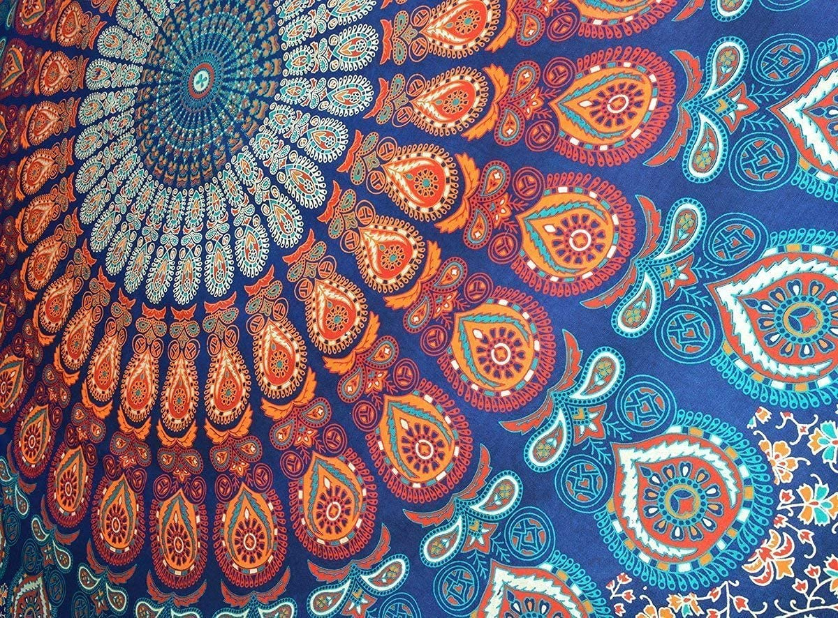 Bohemian Peacock Mandala Wall Hanging Bedding Tapestry Indian Hippie Psychedelic Golden Blue Handmade Art Decorative Modern