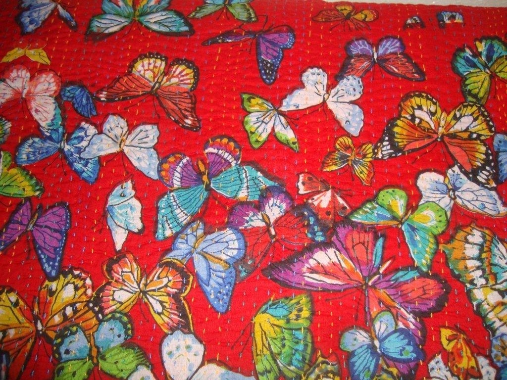 Customize Size Kantha Quilt Butterfly Print Cotton Fabric Blanket Throw Bedspread Tropical Boho Quilt