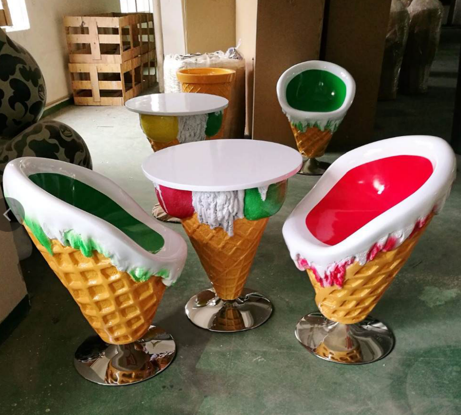 Factory price Artificial fiberglass ice cream chairs and tables sculpture for sell