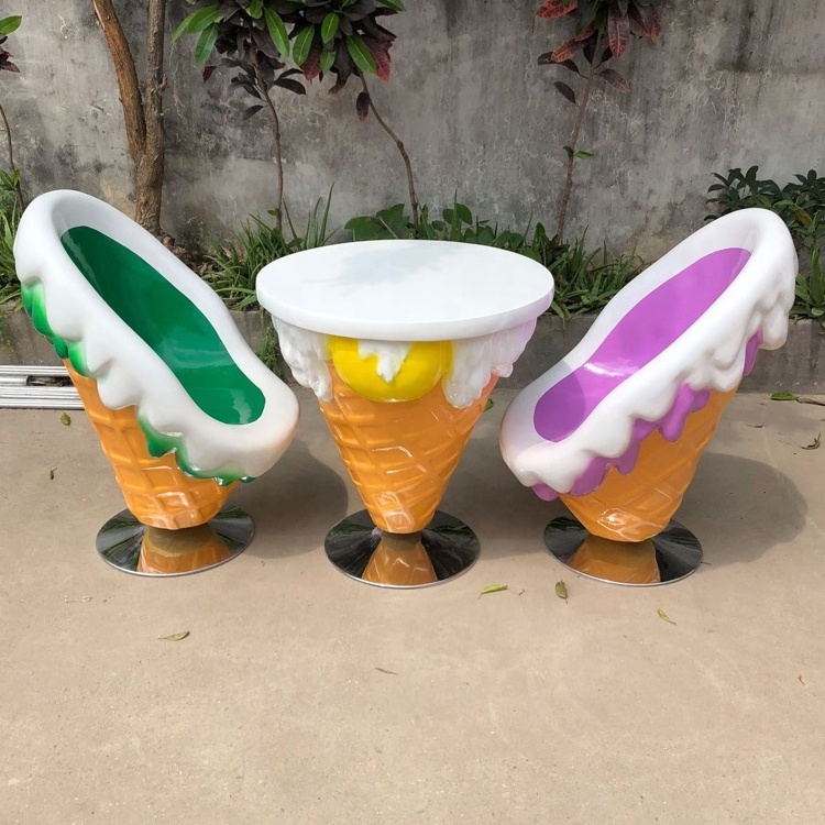 Factory price Artificial fiberglass ice cream chairs and tables sculpture for indoor decoration