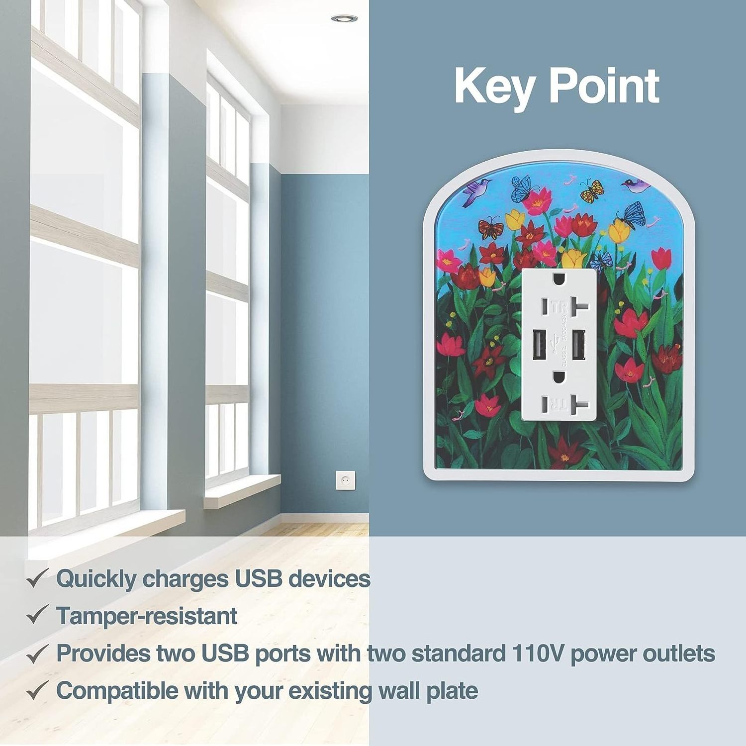 High End Tulip Outlet Cover 1-Gang + Outlet 2 USB 125V 20A Resistance To Strong Impacts And Abrasion