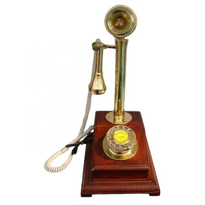 Vintage Style Brass Candlestick Phone with Wooden Base Rotatory Dial Corded Telephone for Wall Desk Use Customizable Your Logo