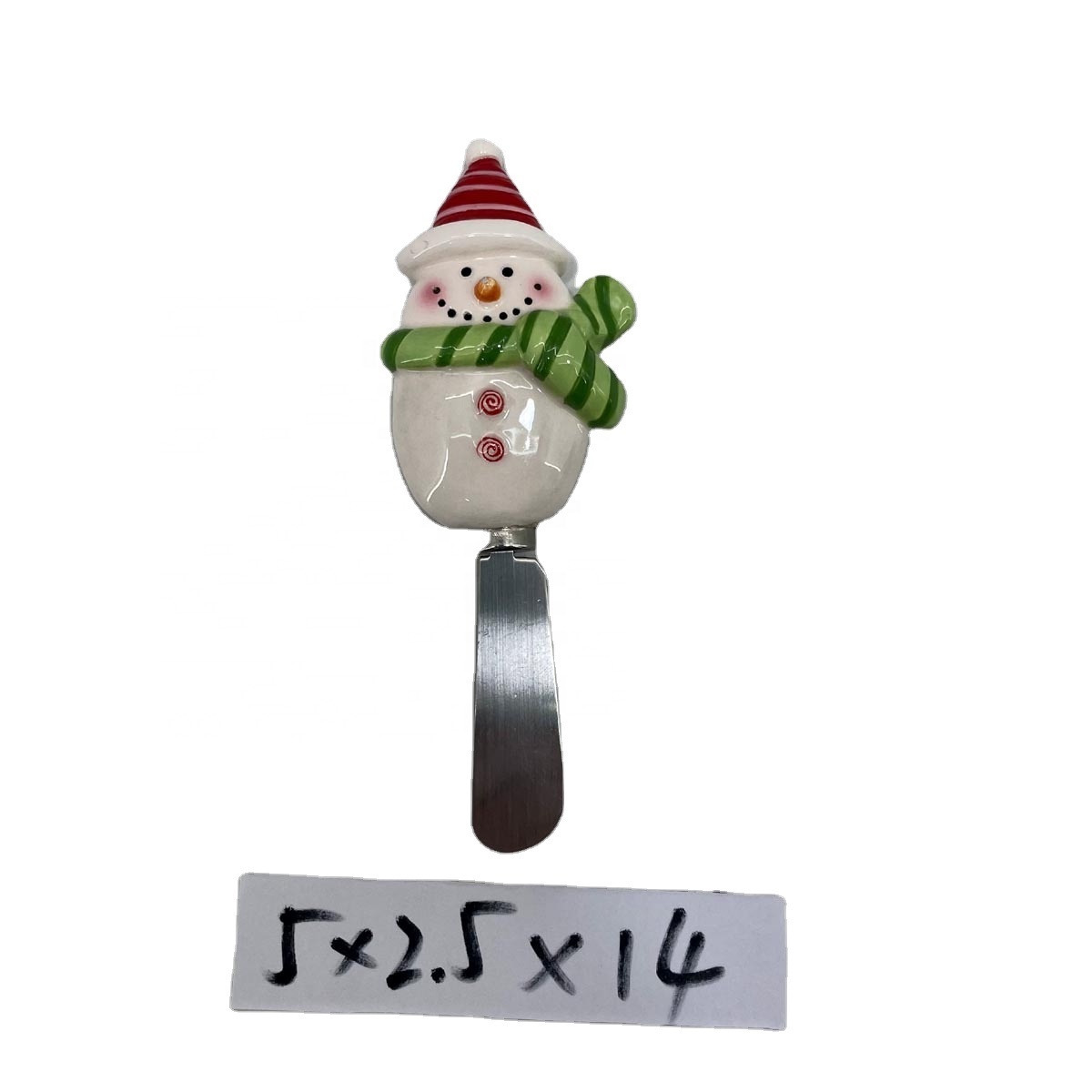 Stainless steel cheese spreader with handpainted ceramic snowman handle