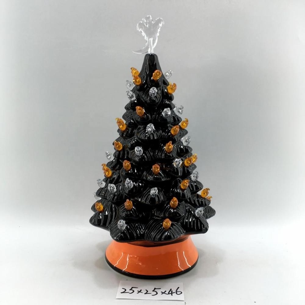 Pre-Lit 16in Ceramic Halloween Tree w/ Orange & Purple Bulb Lights