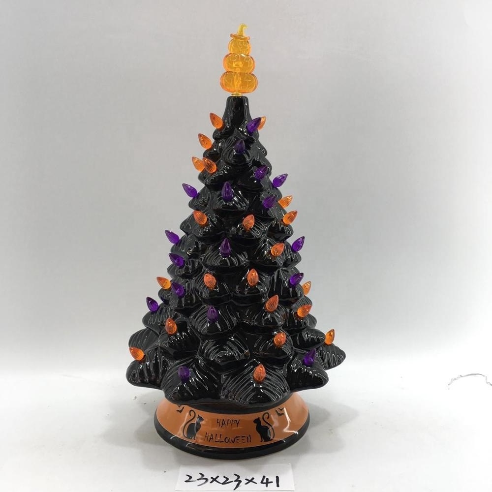 Pre-Lit 16in Ceramic Halloween Tree w/ Orange & Purple Bulb Lights