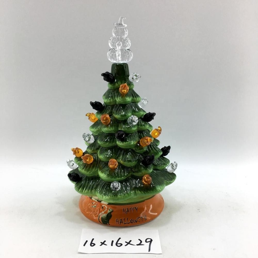 Pre-Lit 16in Ceramic Halloween Tree w/ Orange & Purple Bulb Lights