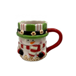 Handpainted ceramic popcorn snowman shaped coffee mugs