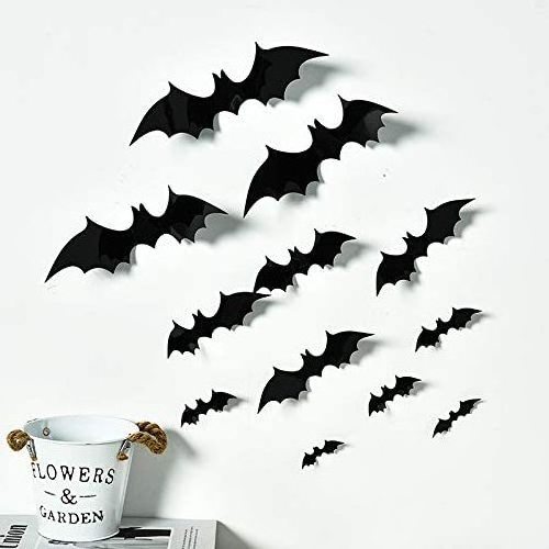 12pcs Bats Sticker 4 Sizes Bat 3D PVC Halloween Wall Decoration Set For Halloween Bar Haunted House Decoration Party Ornament