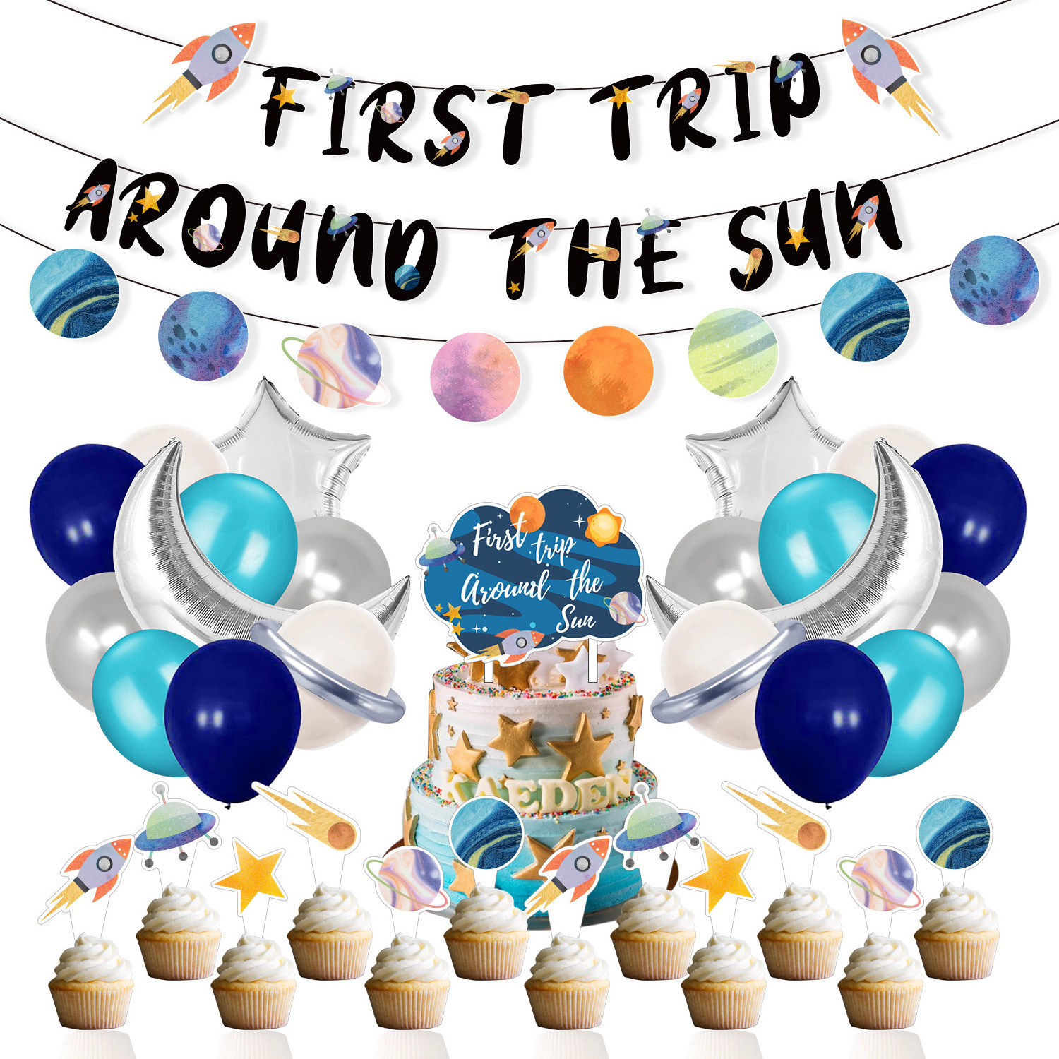 First Trip Around The Sun Planets Banner Cupcake Topper Latex Balloon Set Star Moon Foil Balloon