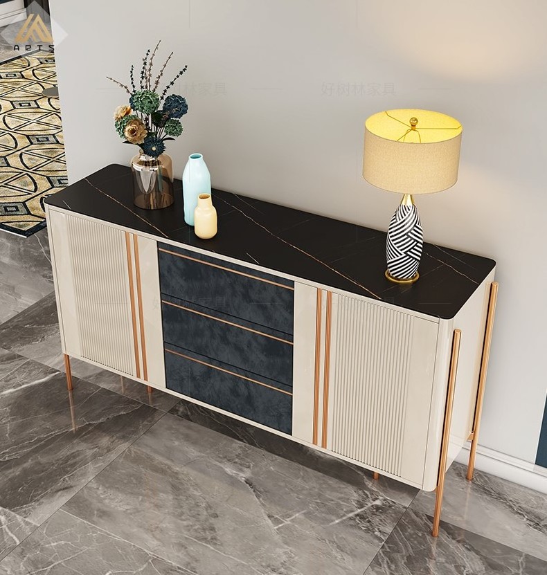 Hot sale Nordic style light  luxury living room furniture slate top vanity gold stainless steel leg buffet table