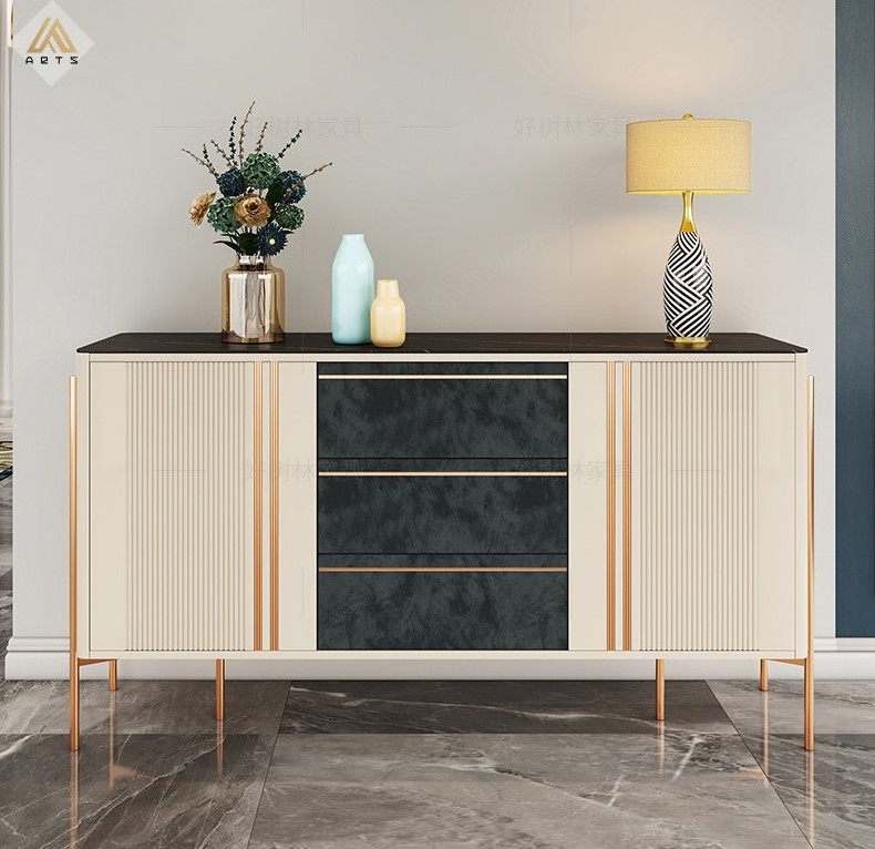 Hot sale Nordic style light  luxury living room furniture slate top vanity gold stainless steel leg buffet table