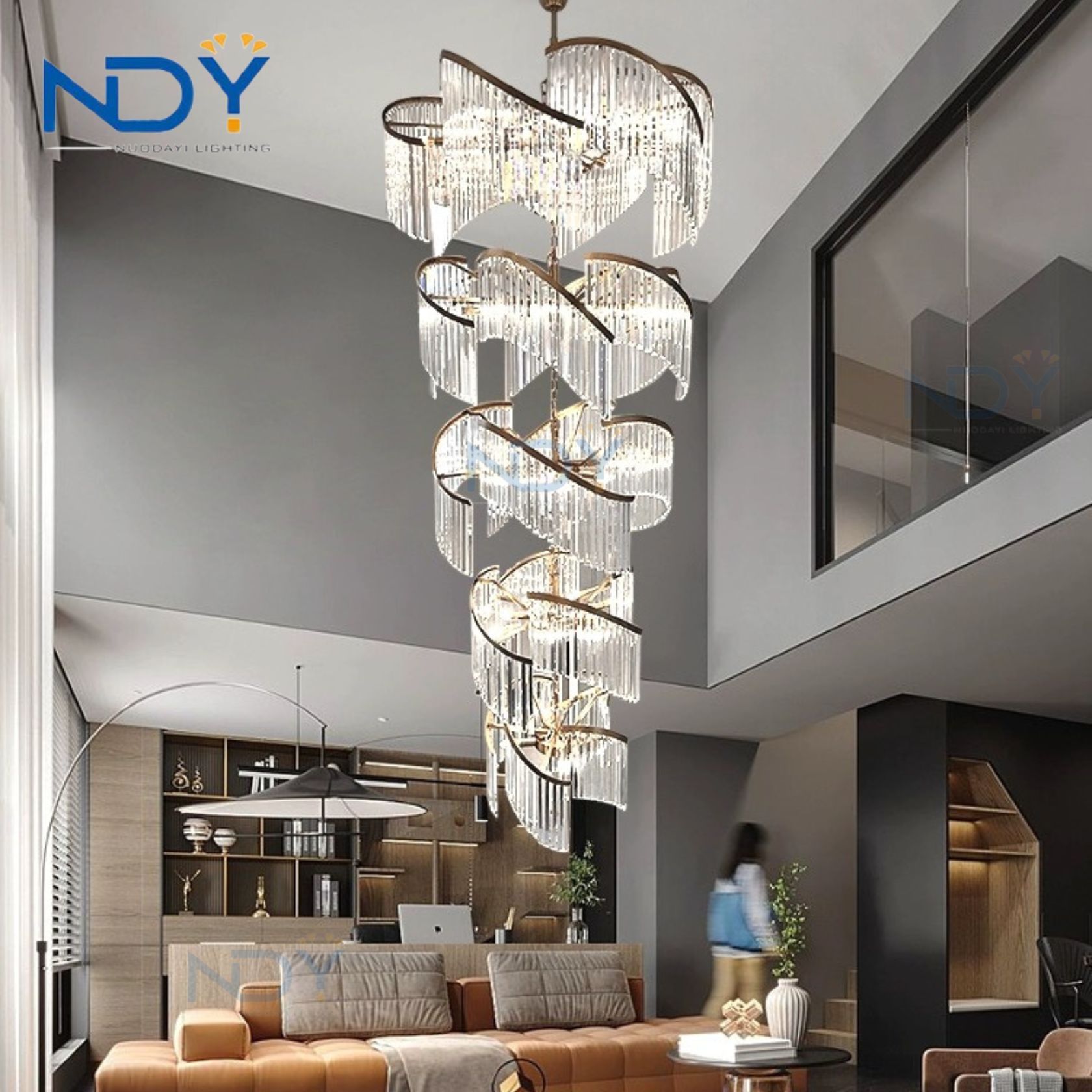 Modern Luxury Design Custom Hanging Pendant Light Living Room Rotating Staircase Villa American Large Crystal Long Chandelier