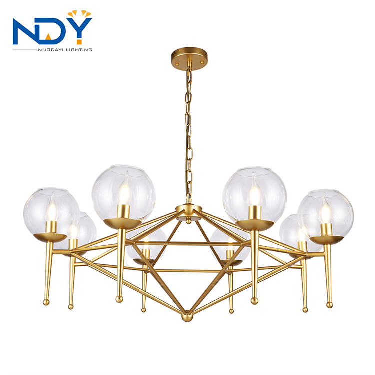 E14 Glass Ball Lampshade Modern Golden Bedroom Living Room Hanging Brass Led Chandelier Light