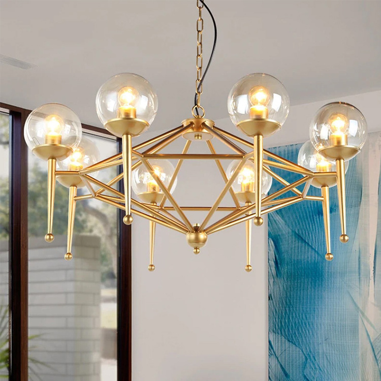 E14 Glass Ball Lampshade Modern Golden Bedroom Living Room Hanging Brass Led Chandelier Light