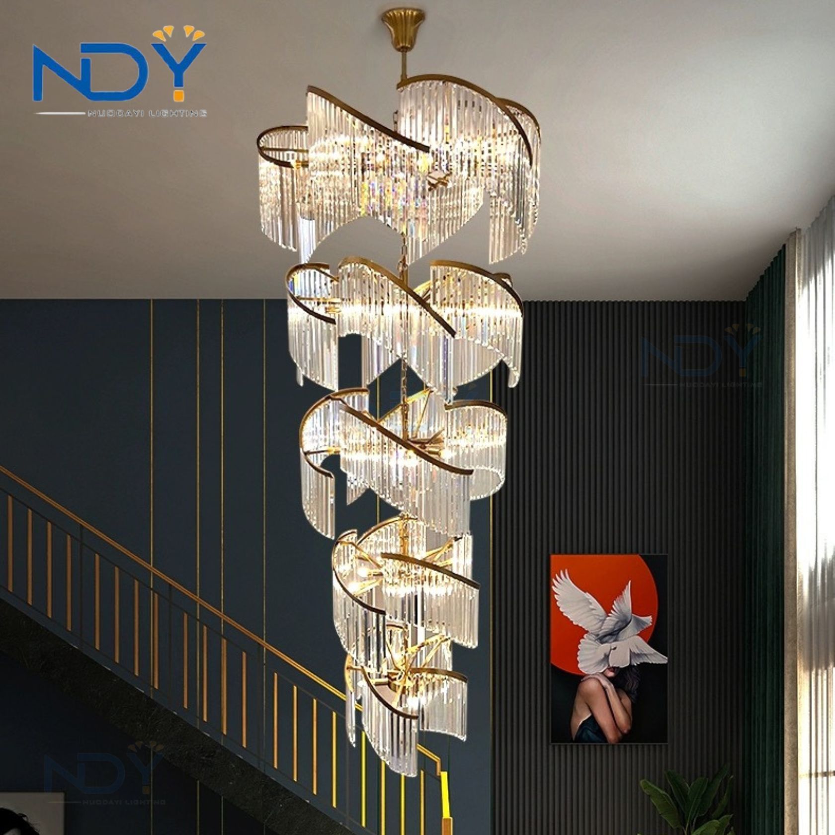 Modern Luxury Design Custom Hanging Pendant Light Living Room Rotating Staircase Villa American Large Crystal Long Chandelier