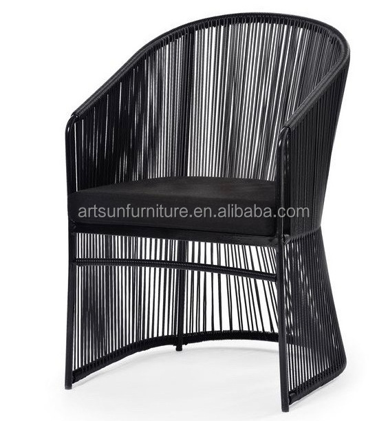 Modern aluminum frame armrest handle oval back Rattan strings rope outdoor dining chair for garden furniture