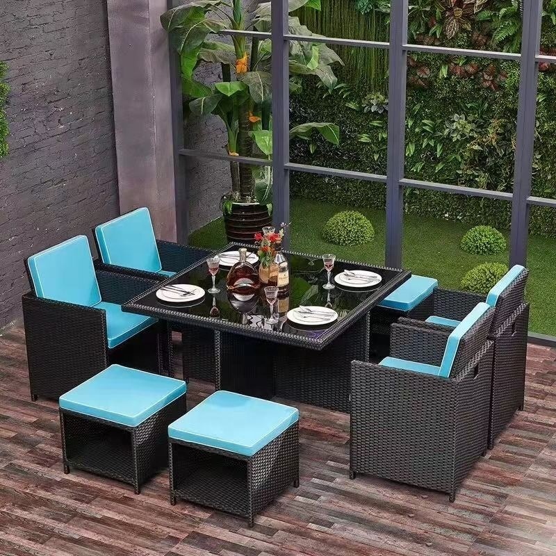 9pcs Outside patio furniture rattan wicker restaurant dinning table and chairs set with ottoman