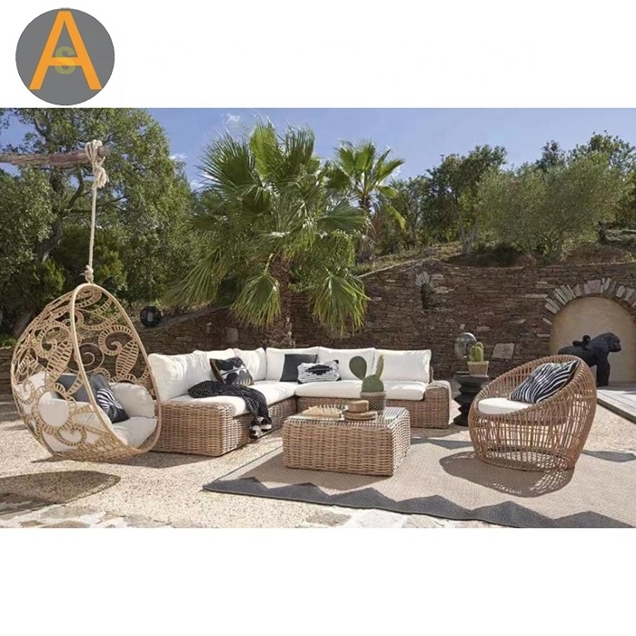 Contemporary rattan Garden furniture gray L shape wicker patio outdoor cane sofa set for sale