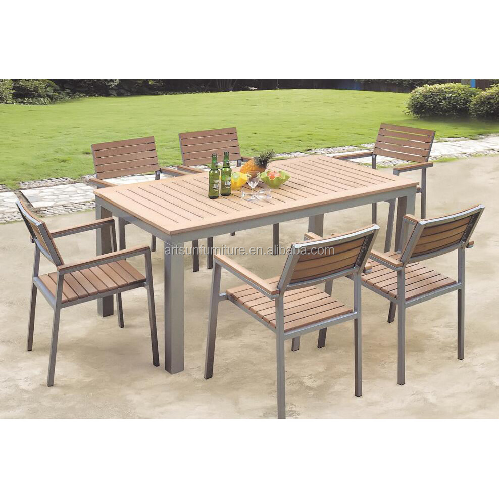 Plastic wood slats outdoor garden aluminum chair and table set wooden outdoor dining set