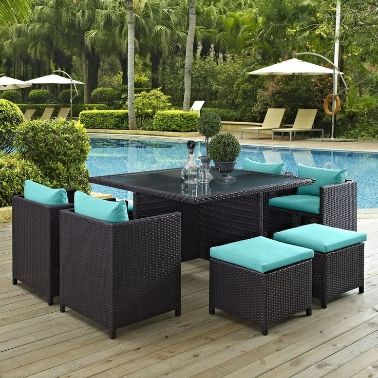 9pcs Outside patio furniture rattan wicker restaurant dinning table and chairs set with ottoman