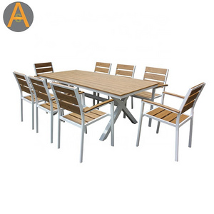 Plastic wood slats outdoor garden aluminum chair and table set wooden outdoor dining set