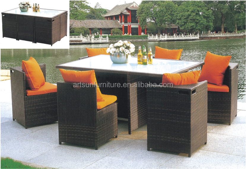 Cube patio furniture set rattan wicker outdoor restaurant dining table and chair set