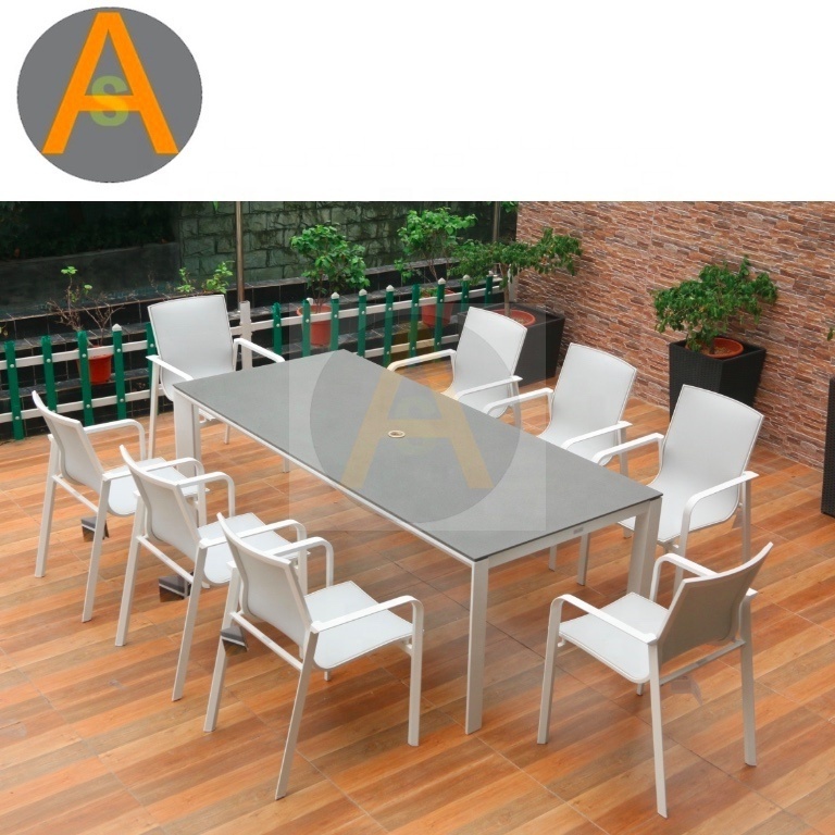 Restaurant outdoor aluminum dining tables glass top garden rectangular extendable dining table