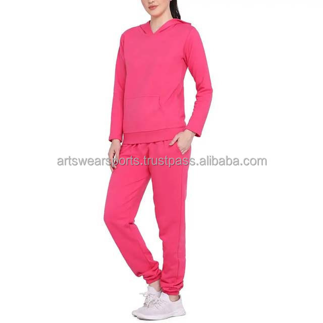 Wholesale High Quality Women Track Suits 100%Cotton Sportswear Sweat Suit Custom Logo Design Pullover Woman Pink Color Tracksuit