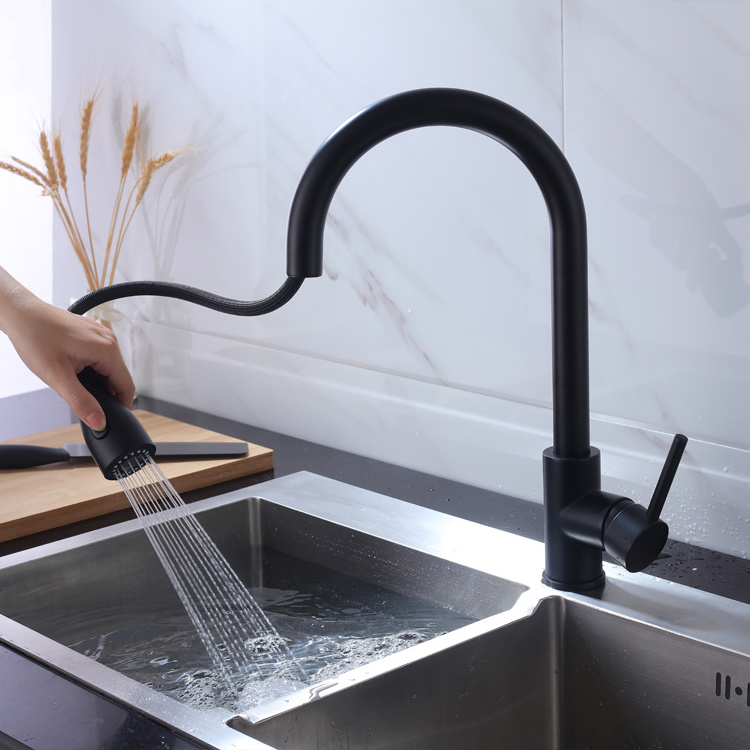 Luxury Single Hole Single Handle Mat Black kitchen sink faucet with Pull Down Sprayer